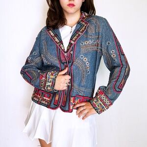 90s Vintage Denim Button Up Hand Embroidered Cold Water Creek Jacket